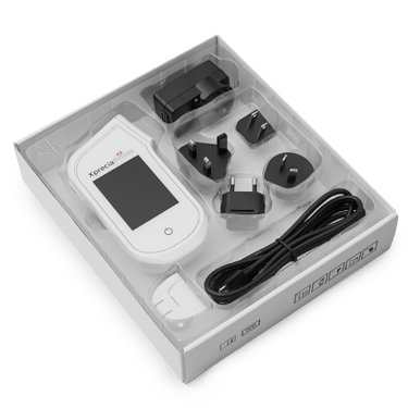 a poct pt inr meter with a white box and a charger