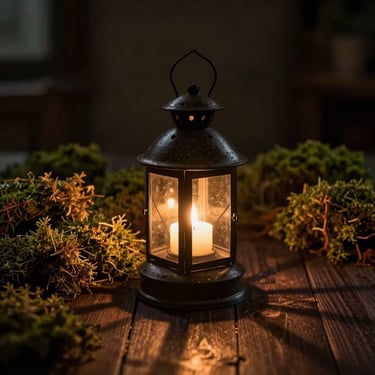 Warm candlelit lantern casting soft shadows on a dark wooden table with dried moss, Ghibli style