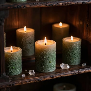 Flickering beeswax candles and small raw crystals on a dark carved wooden shelf, moody cottagecore