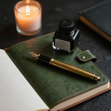 An antique inkwell and brass fountain pen on an open leather-bound notebook, dark academia desk setup