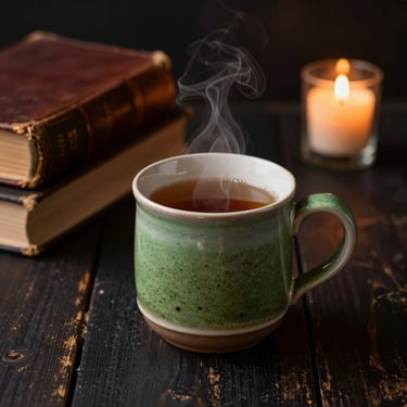 A steaming ceramic mug of tea beside a stack of old leather-bound books on a dark rustic table