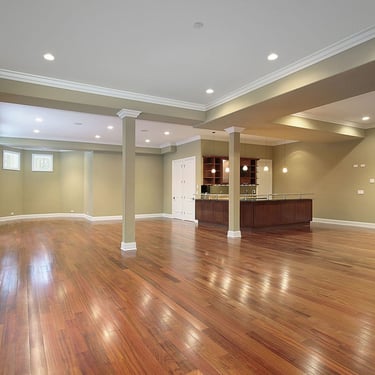 Brazilian cherry or tigerwood hardwood floors in kitchen and living room area.