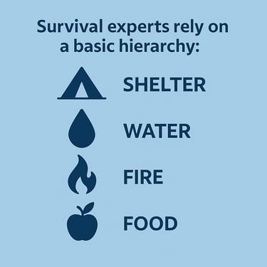 Survival rule of four showing shelter water fire and food hierarchy for prioritizing needs in emergency situations