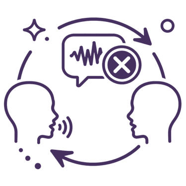 Ícono que muestra una barrera de comunicación y un error de habla entre dos personas.
