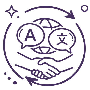 Ícono que muestra la traducción de idiomas con un apretón de manos y burbujas de diálogo.