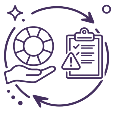 Ícono de evaluación de riesgos, lista de verificación y señal de advertencia.