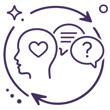 Ícono de un perfil con un corazón, globos de diálogo y flechas.