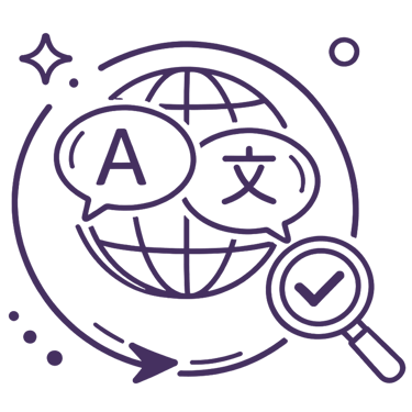 Ícono de un globo terráqueo con burbujas de diálogo y una lupa que representa traducción global.