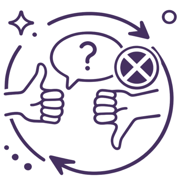 Ícono que muestra ciclos de retroalimentación con un globo de diálogo con un signo de interrogación.