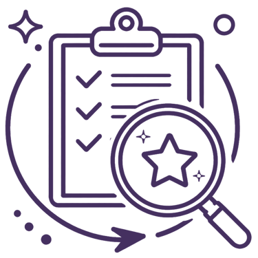 Purple line art icon of a checklist clipboard and magnifying glass for data quality audit.
