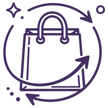 Purple line art icon of a shopping bag with circular arrows representing retail exchange and returns.