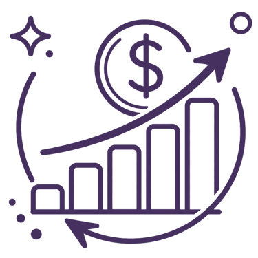 Purple line icon of a rising financial growth bar chart with a dollar coin and upward arrow.