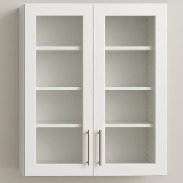 a clear glass insert option white cabinet with two open shelves and a door