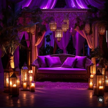 Sofa decorated with floor and hanging lanterns, in an oriental purple theme