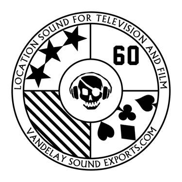 a black and white logo for Vandelay Sound Exports, Inc. with a skull and headphones on it