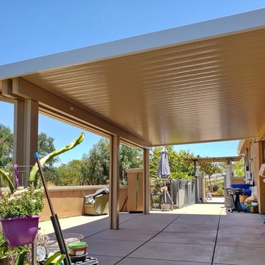 Alumawood patio cover attached to home overlooking Ramona, CA.