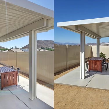 Two images of a small white patio cover in small backyard.