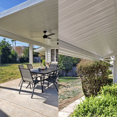 Covered patio and eybrow style awning.
