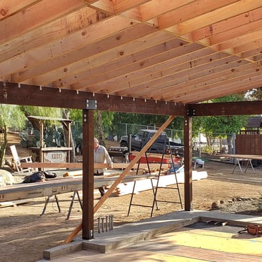 Heavy patio roof structure being framed in J-Bar Ranch.