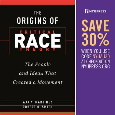 a book cover of the origins of critical race theory with a thirty percent off offer