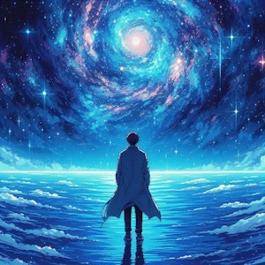 Anime boy standing on water under a cosmic blue sky, with celestial objects and a blue spiral vortex at the centre.