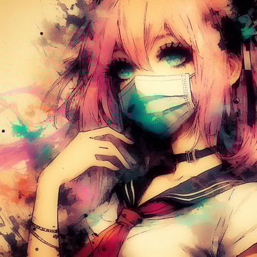 Beautiful portrait of an anime girl with blue eyes, pink hair, and a face mask – SimcaArt gallery full-size image.