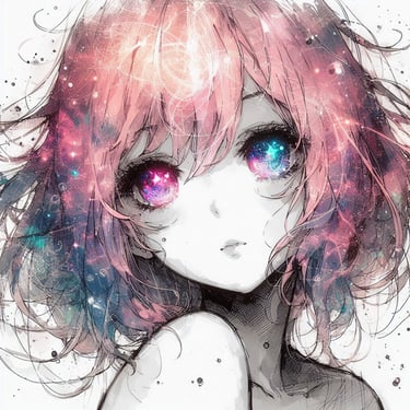 Anime girl with cosmic eyes, beautiful gaze, pink hair, and shoulder pose – SimcaArt gallery full-size image.
