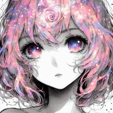 Anime girl with cosmic eyes, beautiful gaze, and pink hair – SimcaArt gallery full-size image.