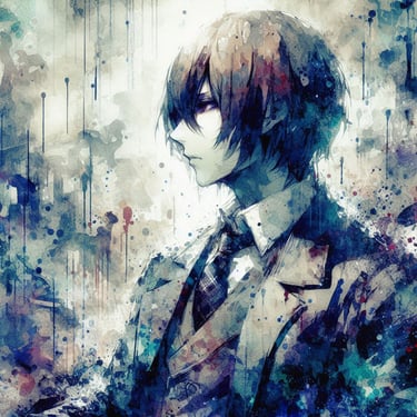 Anime man in a suit and tie with a calm expression | watercolor style artwork | Dynamic background | (simcaart.com)