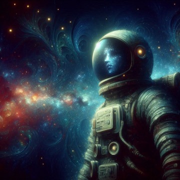 An astronaut with a blue energy-like face, a cosmic theme with beautiful nebulae.