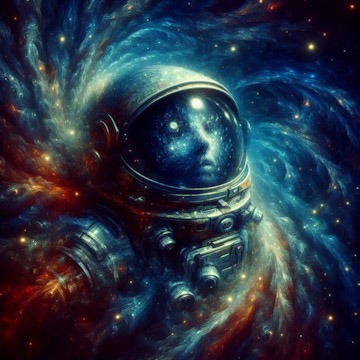 A cosmic portrait of an astronaut with a blue face.