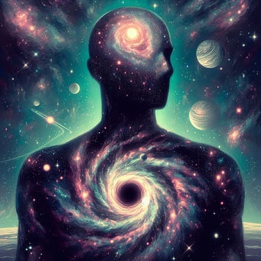 Cosmic being with a body of celestial objects, blending seamlessly into a cosmic landscape.