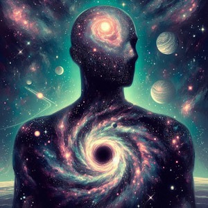 Cosmic being with a body of celestial objects, blending seamlessly into a cosmic landscape.