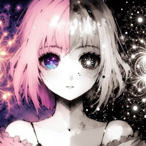 Anime girl with pink hair and cosmic eyes; half her face in black-and-white style, the other in full colour.