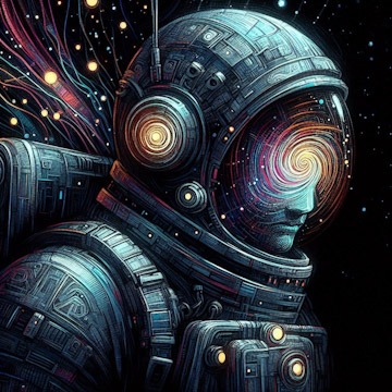 Futuristic art of an astronaut with an abstract spiral face, wearing a tech-armour suit.