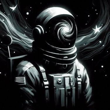 A dark astronaut portrait, cosmic background.