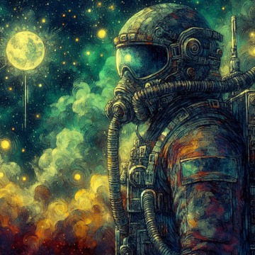 An astronaut under a starry night, surrounded by green and yellow fog.