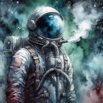An astronaut surrounded by a white, cosmic fog.