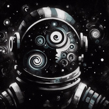 A dark monochrome astronaut portrait.