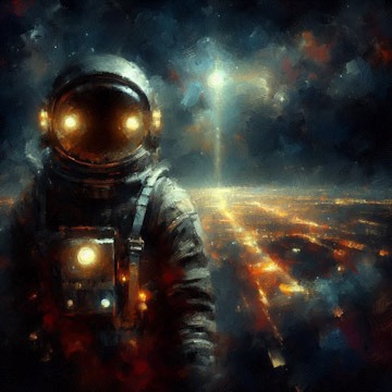 Astronaut with glowing eyes under a dark, cloudy night sky; faint star and city lights in the background.