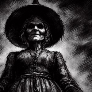 Old hug, pointy witch hat, rugged dress, creepy dark eyes, and a wrinkled face.