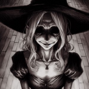 Eerie art of a middle-aged woman with a pointy witch hat, elegant dress, and long white hair.