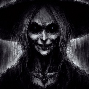 An old witch with a pointy hat, creepy dark eyes, wrinkled face, and medium-length grey hair.