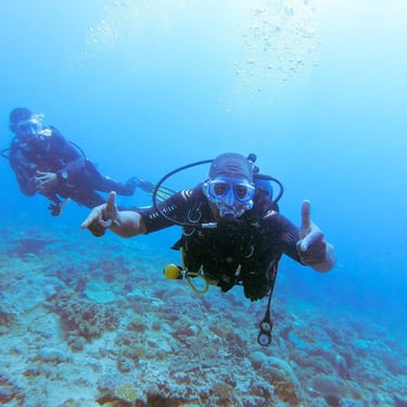Two scuba divers wearing full gear explore a vibrant coral reef in clear blue ocean water.