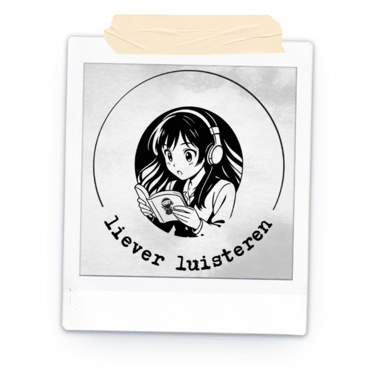 Polaroid met lezend manga-meisje met de tekst 'liever luisteren'