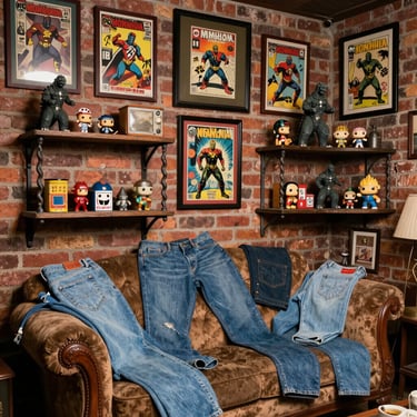 1980'S MAN CAVE WITH BRICK WALL. MULTIPLE FRAMED DC COMIC BOOK COVERS FROM THE 70'S HANGING COVERING