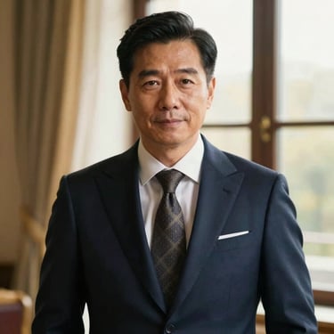 A portrait of a distinguished male leader in a bespoke navy suit, warm window light, elegant professional setting