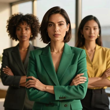 A portrait of a diverse female professional with confident posture, sophisticated modern attire, golden hour lighting