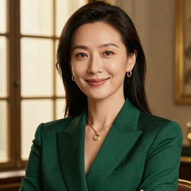 A portrait of a sophisticated female executive with a warm, confident smile, elegant minimalist jewelry, soft studio lighting, shallow depth of field