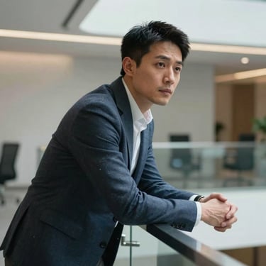 Portrait of a professional man in a modern North American / US office environment, leaning against a glass railing. He looks focused and energetic, dressed in a sharp blazer.